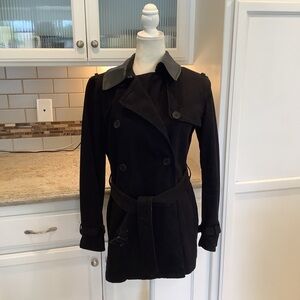 Ralph Lauren Black Denim Short Trench Coat Size Small Leather Collar
